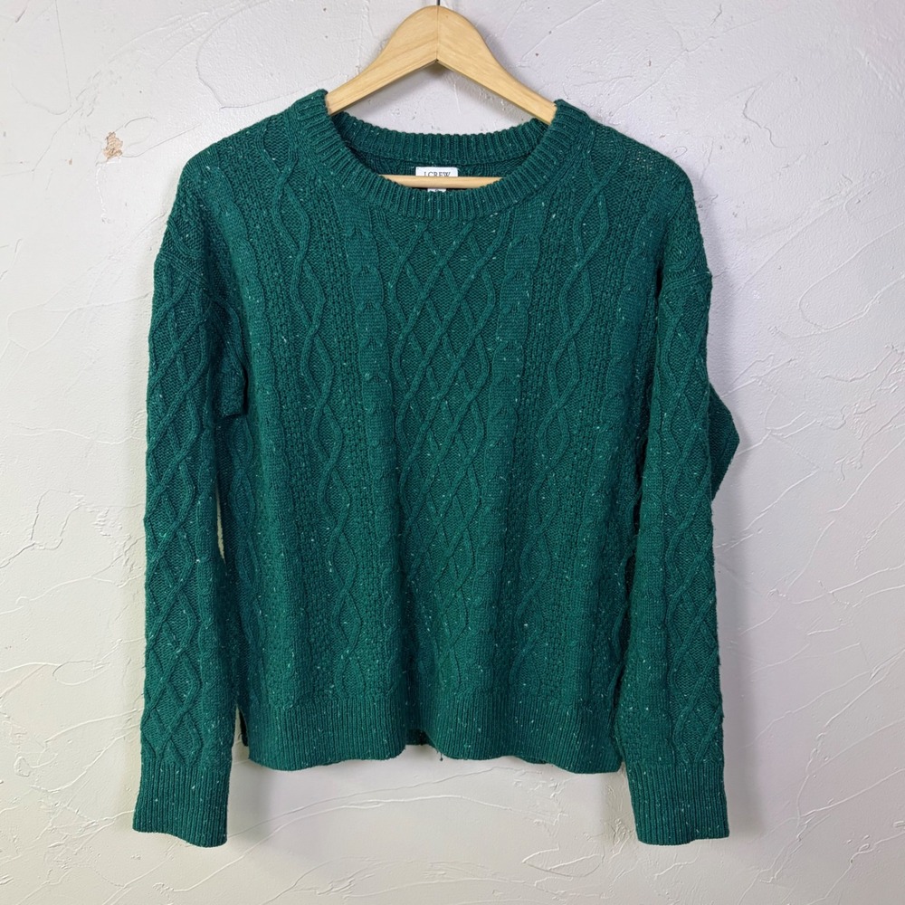 J Crew Cable Knit Sweater Women S Green Flecked Cotton Preppy Cottage Fisherman
